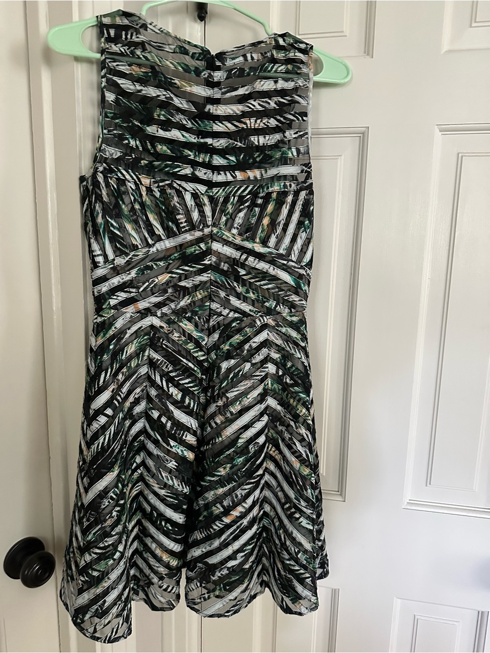 Parker women’s girls black sheer tropical chevron overlay dress